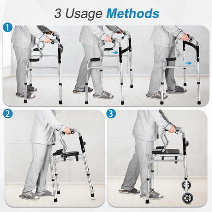 REAQER Walking Frame for Seniors Stable, Foldable Walking Aid with Removable Wheels and Seat, 2 Hooks