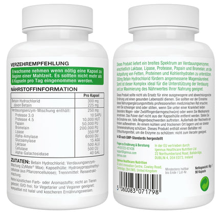 Digestive Enzyme Complex with Betaine HCl &amp; Bromelain, 10 Vegan Enzymes with Papain &amp; Lipase, Comprehensive Digestive Support, Hypoallergenic, 90 Capsules, by Igennus