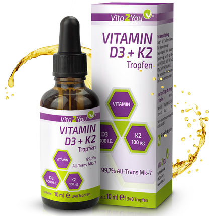 Vita2You Vitamin D3 + K2 Drops - Vitamin D3 5000 IU - Vitamin K2 100µg per drop - K2VITAL - MK-7 - 99.7% All-Trans - MCT Oil - Premium Quality - Made in Germany