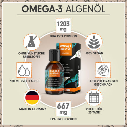 Omega-3 algae oil 100 ml - high dose with 3665 mg algae oil, of which 1203 mg DHA &amp; 667 mg EPA - vegan Omega-3 oil + Ahiflower® oil with a pleasant orange flavor - laboratory-tested with certificate
