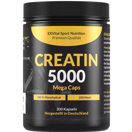 Creatine 5000 Mega Capsules, 5000 mg creatine monohydrate per daily dose, 300 vegan capsules, 100% pure with mesh factor 200 - Vegan &amp; laboratory tested