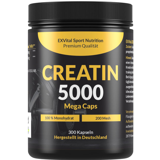 Creatine 5000 Mega Capsules, 5000 mg creatine monohydrate per daily dose, 300 vegan capsules, 100% pure with mesh factor 200 - Vegan &amp; laboratory tested