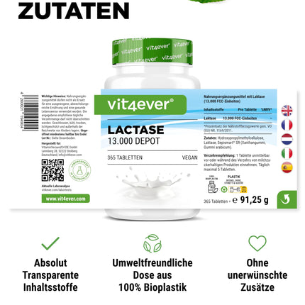 Lactase 13,000 Depot - 365 tablets with depot effect (Sepismart® Slow Release) - High dosage with 13,000 FCC units - For lactose and milk intolerance - No unwanted additives