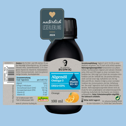 Dr. Johanna Budwig Omega 3 Algae Oil Vegan Orange (100ml) - high dosage, rich in DHA, EPA, vitamin D3 and K2 - liquid algae oil vegan, oil liquid algae oil laboratory-tested