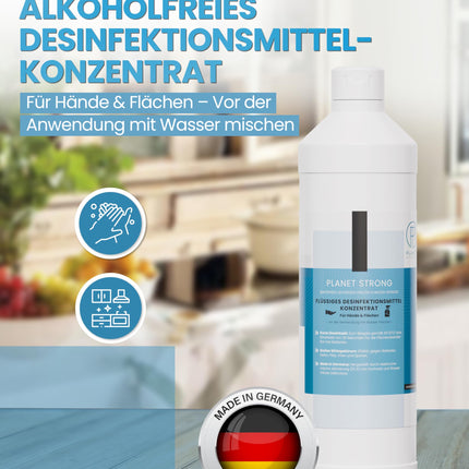 Planet Strong® - 1L alcohol-free disinfectant concentrate for hands, surfaces &amp; skin - Against bacteria, viruses, spores, fungi, yeast, mold, and odors | Bottle (Halal &amp; Kosher)