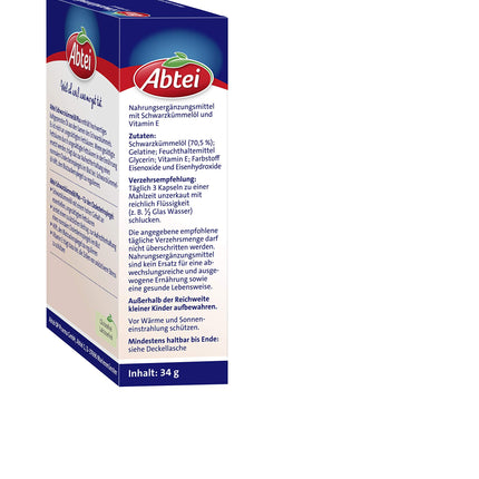 Abtei Black Cumin Oil Plus - with Vitamin E - Food Supplement for Cholesterol and Blood Sugar Levels - 1 x 48 Capsules