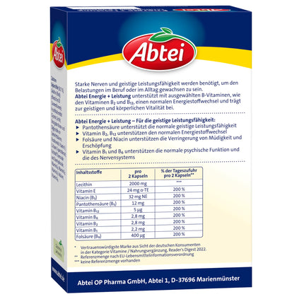 Abtei Energy + Performance – 2000 mg Lecithin + 7 B Vitamins – High Dose – Dietary Supplement for Concentration and Mental Performance – 1 x 40 Capsules
