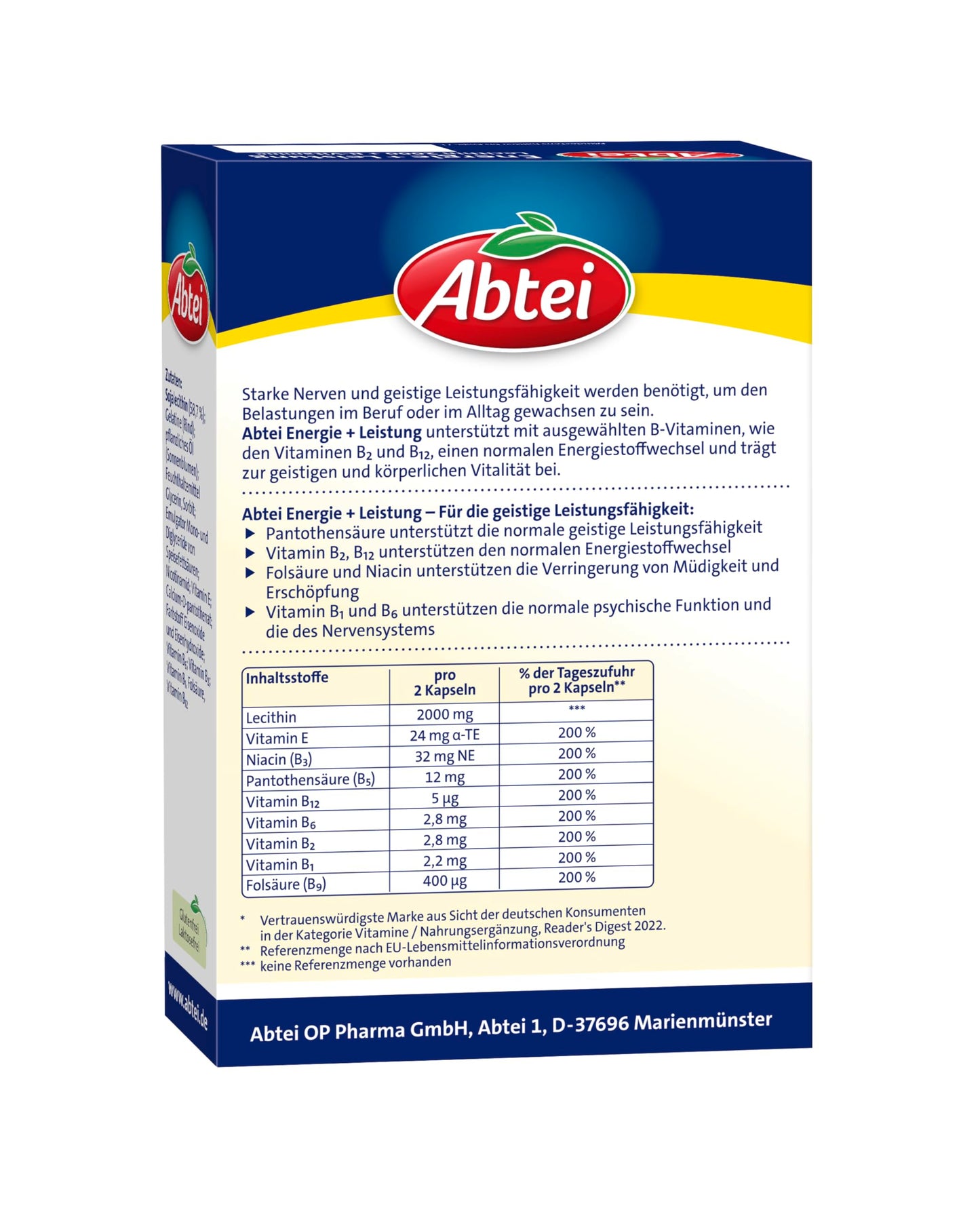 Abtei Energie + Leistung – 2000 mg Lecithin + 7 B-Vitamine - hochdosiert - Nahrungsergänzung für Konzentration und die geistige Leistungsfähigkeit - 1 x 40 Kapseln