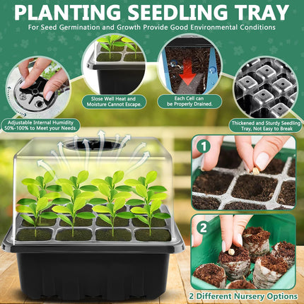 ZHHGOO Indoor Greenhouse Propagator, Mini Greenhouse Propagation Tray with High Lid, 10 Pieces 120 Cells Mini Greenhouse Propagation Set with 20 Labels, 3 Shovels, 2 Gardening Tools, 1 Pair of Gloves