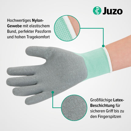 Juzo special gloves for compression stockings, donning aid, with non-slip coating, mint green-grey, size M/7