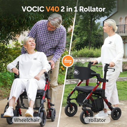 VOCIC 2 in 1 Wheelchair Rollator Foldable and Lightweight with Seat, Outdoor Rubber Tires for All Terrain, Lightweight Rollators with Mesh Bag, Aluminum Walking Aid Transport Chair, Red (5 Year Warranty)