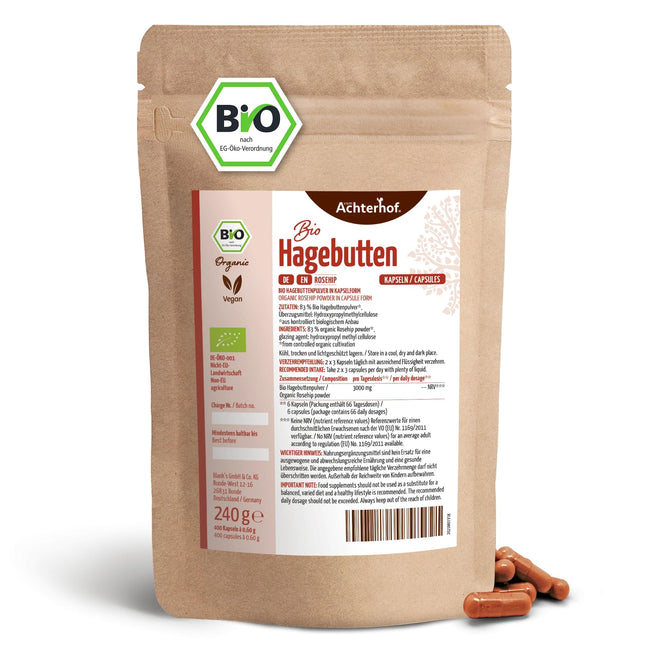 Rosehip Capsules Organic Refill Pack 400 pieces | Fine rosehip powder in capsule form | Organic quality | Over 66 daily doses | Vegan capsule shell | From Achterhof