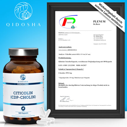 QIDOSHA® CDP Choline (Citicoline) Capsules, 180 Capsules in a Pharmacy Glass, Full 250mg Citicoline/CDP Choline per Capsule, Vegan, Laboratory Tested, German Production, Citicoline CDP Choline 250mg
