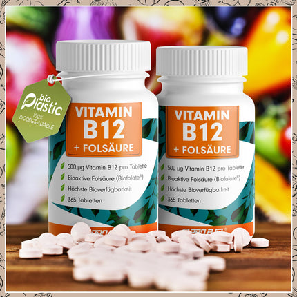 VITAMIN B12 high-dose - 365 tablets with 500µg Vit B12 + 200µg Biofolate® folic acid - Methylcobalamin, Adenosylcobalamin &amp; Hydroxocobalamin Vitamin B12 - laboratory-tested with certificate - 100% vegan