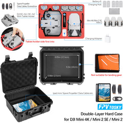 FPVtosky 8-in-1 Accessory Kit for DJI Mini 4K/Mini 2/Mini 2 SE Drone: Double-layered carrying case, tablet mount, RC-N1 strap, landing gear, propeller holder, 2 control sticks, 2 data cables, digital sticker