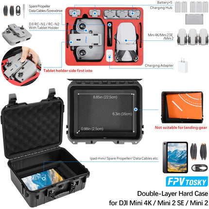 FPVtosky 8-in-1 Accessory Kit for DJI Mini 4K/Mini 2/Mini 2 SE Drone: Double-layered carrying case, tablet mount, RC-N1 strap, landing gear, propeller holder, 2 control sticks, 2 data cables, digital sticker