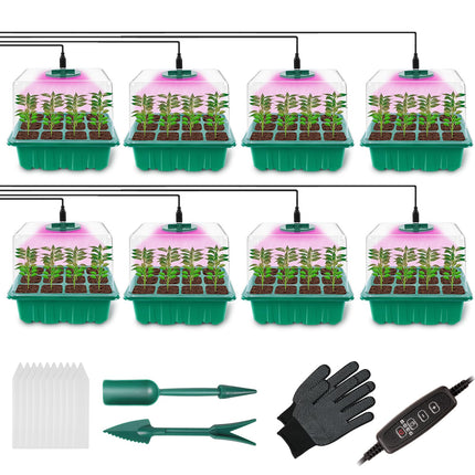 flintronic Indoor Greenhouse Propagator, 8 Pack 96 Cells Mini Greenhouse Propagation Set with Timing Controller Adjustable Brightness, Seedling Starter with Lid and Ventilation