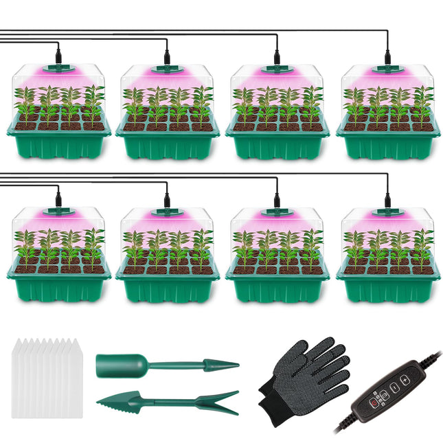 flintronic Indoor Greenhouse Propagator, 8 Pack 96 Cells Mini Greenhouse Propagation Set with Timing Controller Adjustable Brightness, Seedling Starter with Lid and Ventilation