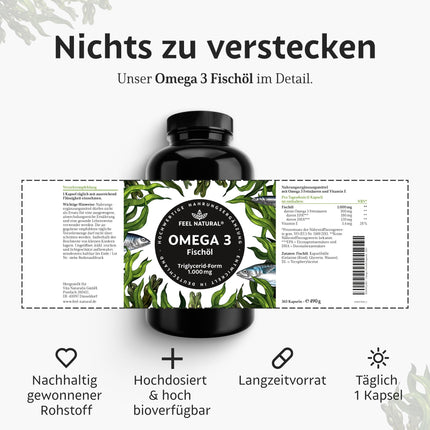 Omega 3 capsules high dosage - Annual supply 365 capsules - Only 1 capsule daily - Essential Omega 3 fatty acids EPA &amp; DHA - Fish oil capsules from sustainable fishing, without unnecessary additives