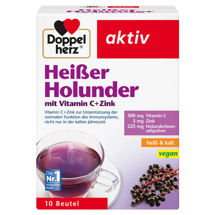 Doppelherz Hot Elderberry - Vitamin C and Zinc to support the normal function of the immune system - hot and cold - vegan - 10 Sachets
