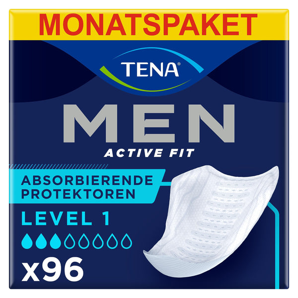 TENA Men Absorbent Protector Incontinence Pads, Level 1, for mild bladder weakness, 96 incontinence pads (12 x 8 packs) for men, specially developed, length 23 cm
