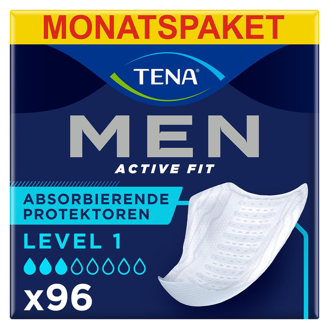 TENA Men Absorbent Protector Incontinence Pads, Level 1, for mild bladder weakness, 96 incontinence pads (12 x 8 packs) for men, specially developed, length 23 cm