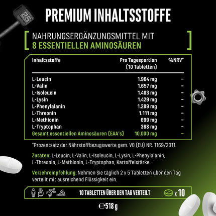 Multi Amino-EAA Pattern Code - 500 tablets of 1000 mg each - Human Code Formula - All 8 essential amino acids - From plant fermentation - High dosage - Vegan