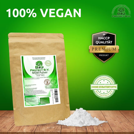 MSM Powder 500g - 99.9% pure - No additives - Vegan - 1/2 kg Premium MSM - Methylsulfonylmethane - Organic sulfur from Bio Protect