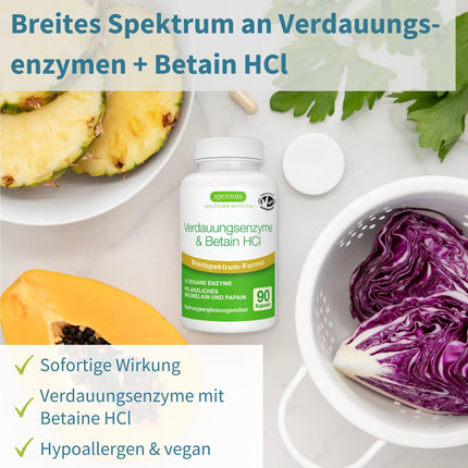 Digestive Enzyme Complex with Betaine HCl &amp; Bromelain, 10 Vegan Enzymes with Papain &amp; Lipase, Comprehensive Digestive Support, Hypoallergenic, 90 Capsules, by Igennus