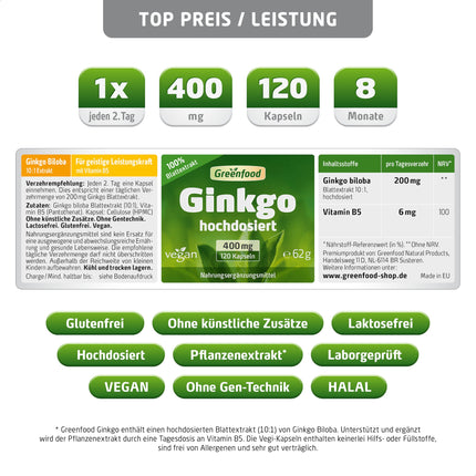 Ginkgo Biloba, high-dose, 400 mg - 120 capsules, vegan. Pure leaf extract with vitamin B5 - supports cognitive function. No artificial additives, laboratory-tested. From Greenfood.
