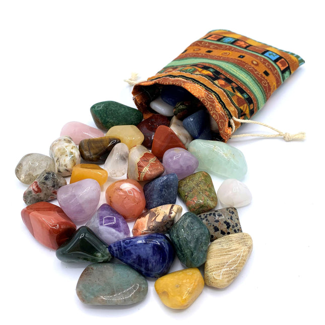 Gemstone set | Colorful mix of natural tumbled stones | Mixture of genuine gemstones | Practical in a colorful fabric bag