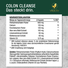 VITACTIV Colon Cleanse Ultra - 100 Capsules, Vegan - Normal Digestion - Natural Fiber - Psyllium Husk Capsules with Aloe Vera, Fennel Seed, Dandelion Herb, Burdock Root, Calcium &amp; D3