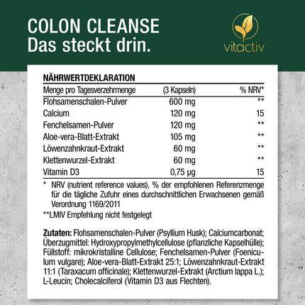 VITACTIV Colon Cleanse Ultra - 100 Capsules, Vegan - Normal Digestion - Natural Fiber - Psyllium Husk Capsules with Aloe Vera, Fennel Seed, Dandelion Herb, Burdock Root, Calcium &amp; D3