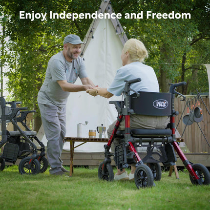 VOCIC 2 in 1 Wheelchair Rollator Foldable and Lightweight with Seat, Outdoor Rubber Tires for All Terrain, Lightweight Rollators with Mesh Bag, Aluminum Walking Aid Transport Chair, Red (5 Year Warranty)