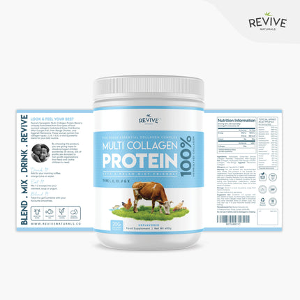 Revive Naturals Multi-Collagen Protein Powder - Types I, II, III, V &amp; X - Hydrolyzed Grass-Fed Beef, Wild-Caught Fish and Free-Range Chicken, Unflavored, Halal - (400g), Powder
