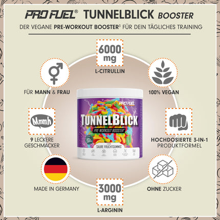 Pre-Workout Booster³ SOUR FRUIT GUMS 440g - incredibly delicious - TUNNELBLICK Training Booster³ with citrulline, arginine, taurine, caffeine, guarana, and magnesium - optimally dosed - 100% vegan