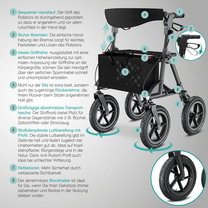 maxVitalis Rollator foldable and lightweight with seat, outdoor rollator with pneumatic tires including seat, back strap, height-adjustable aluminum walking aid including bag and cane holder, anthracite