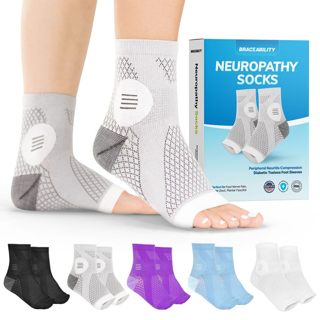 BraceAbility Neuropathy Socks with Peripheral Neuritis Compression Diabetic Toeless Foot Sleeves for Nerve Damage Pain Feet, Ankle Gout, Plantar Fasciitis Relief for Men and Women (M)