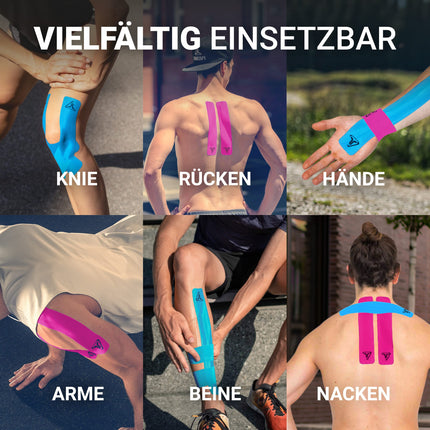 TRUETAPE® Kinesiotape – PRO Precut DUO Pack – 2 x 20 pre-cut strips (25 cm x 5 cm) – Waterproof &amp; Elastic Kinesiotapes – Physiotape with strong adhesive for sports – Blue &amp; Pink