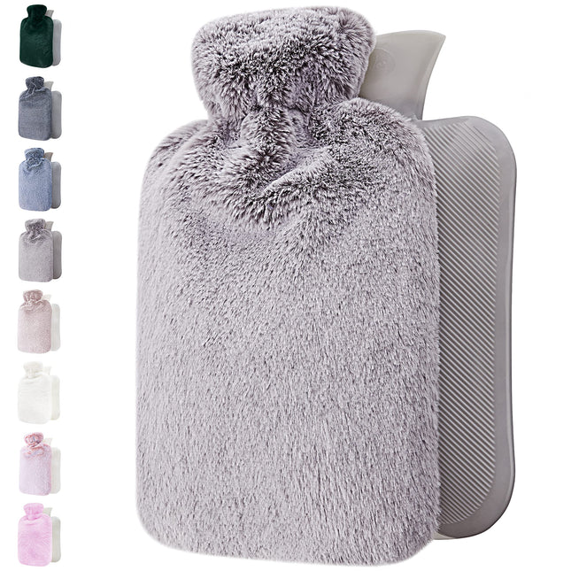 Qomfor Hot Water Bottle with Soft Cover 2l - Large 2 liter Fluffy Hot Water Bottle - Bed Bottle for Children and Adults - Gifts for Women - Light Gray