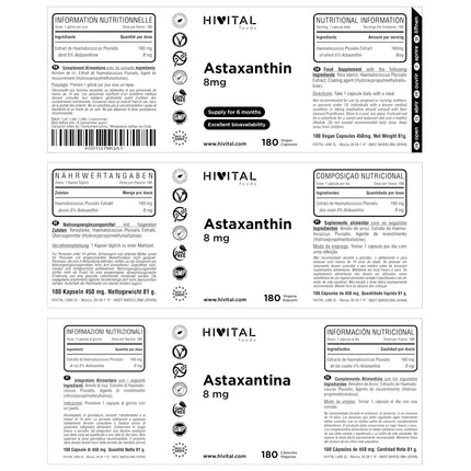 Astaxanthin 8 mg. 180 vegan capsules for a 6-month course. Made with 160 mg of the natural algae Haematococcus Pluvialis with 5% astaxanthin, providing 8 mg of pure astaxanthin. From Hivital