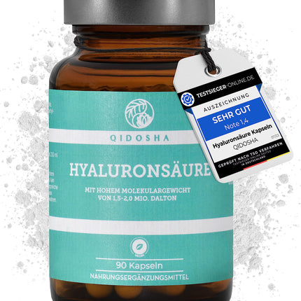 QIDOSHA® Premium Hyaluronic Acid Capsules, TEST WINNER 07/23*, high molecular weight of 1.5-2 million Daltons (common market: 0.5 million), 250 mg/capsule, 90 pcs/pharmacy jar, vegan, naturally fermented