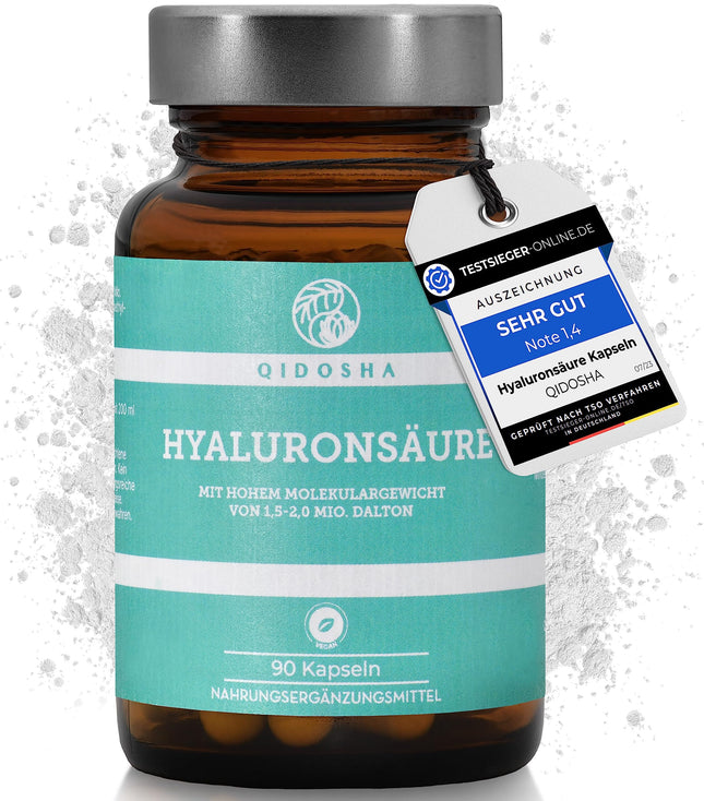 QIDOSHA® Premium Hyaluronic Acid Capsules, TEST WINNER 07/23*, high molecular weight of 1.5-2 million Daltons (common market: 0.5 million), 250 mg/capsule, 90 pcs/pharmacy jar, vegan, naturally fermented