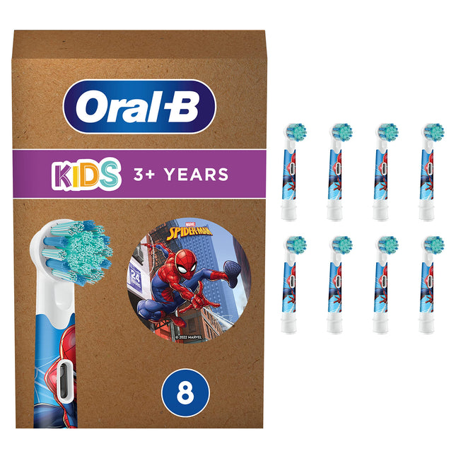 Oral-B Kids Spiderman Electric Toothbrush Heads, Extra Soft Bristles, for Children 3 Years and Up, Letterbox-Safe Packaging, 8 Pack