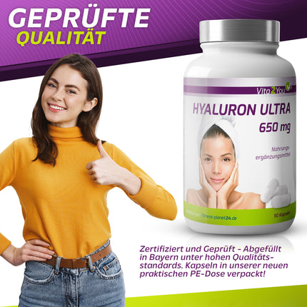Vita2You Hyaluronic Acid Ultra 650mg - 90 vegan capsules - plant-based from fermentation - 500-700 kDa - High dosage - 3-month supply - no additives - Hyaluron - Premium quality