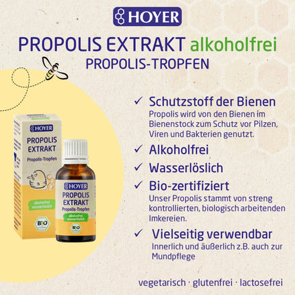 HOYER Propolis Drops Organic - Alcohol-free &amp; Water-soluble - Pure propolis extract as a dietary supplement or for external use - 30 ml
