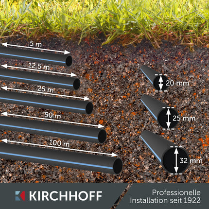 Kirchhoff water pipe for garden irrigation 25 mm x 12.5 m | PE pipe for sprinkler system | HDPE connecting pipe | DVGW | Drinking water pipe | Made in EU