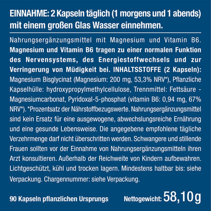 Magnesium Glycinate + Vitamin B6 | Optimal Bioavailability | 1.5 Month Supply | 90 Capsules High Dose Magnesium Citrate + Bisglycinate NO Additives Relaxation Sleep Muscles Nerves Anti Stress