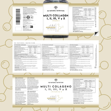 Multi Collagen Capsules High Dose 1650mg Enriched with Vitamin C. Hydrolyzed Collagen Peptides Types I, II, III, V, and X. 180 Capsules. For skin, hair, bones, and joints. N2 Natural Nutrition