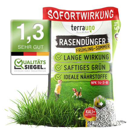 TerraUno Lawn Fertilizer Spring/Summer I Immediate effect for lush green I 20 kg for 1000 m² I Healthy lawn displaces moss and weeds I NPK fertilizer lawn I Against drought stress I For the spreader